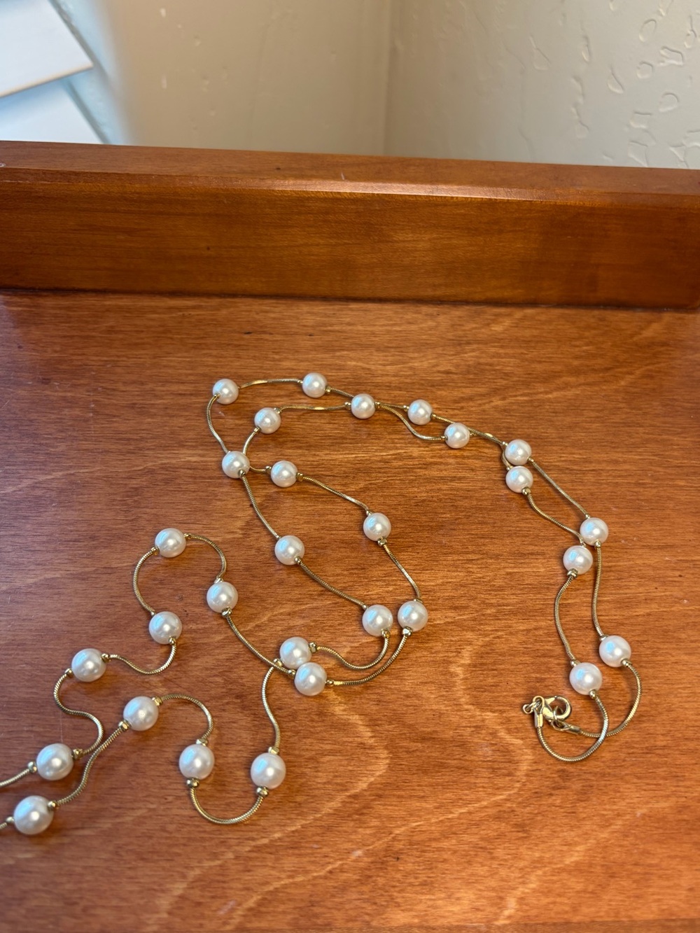 Long Faux Pearl Station Necklace Gold Tone 40” Layering Necklace